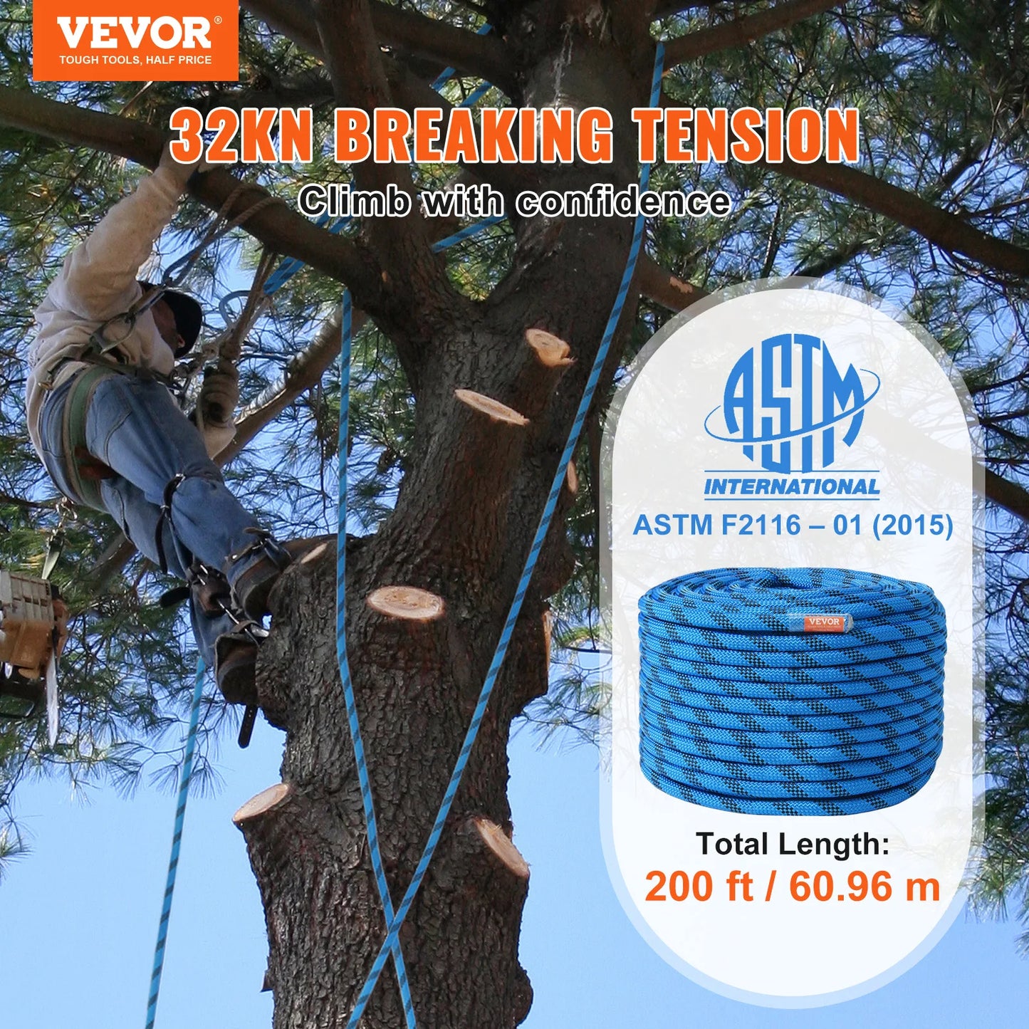 12.7mm Static Climbing Rope 150/200ft Outdoor Rock Climbing Rope 30KN Breaking Tension Fiber Rope w/ Steel Snap Hooks
