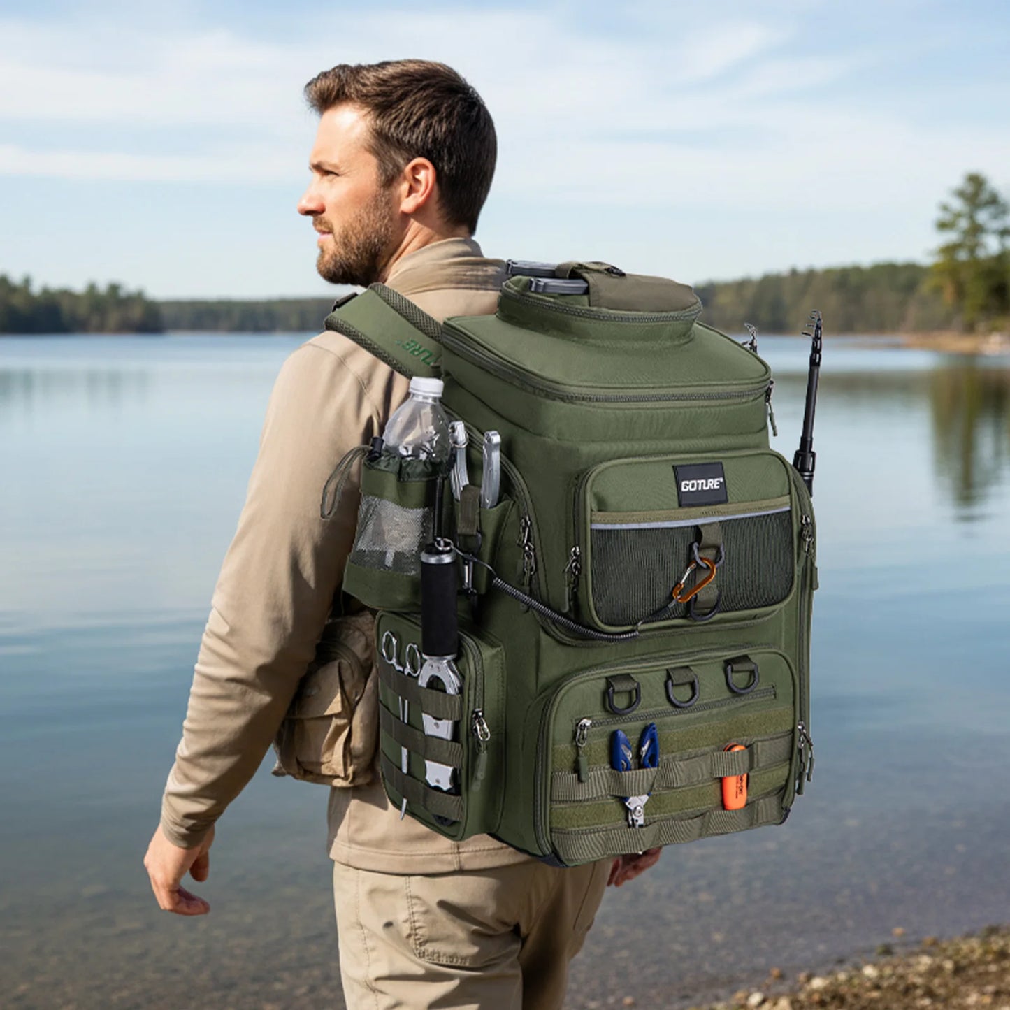 55L Large Fishing Backpack, Waterproof Non-Slip Bottom, Adjustable Compartment Rod Holders for Professional Anglers