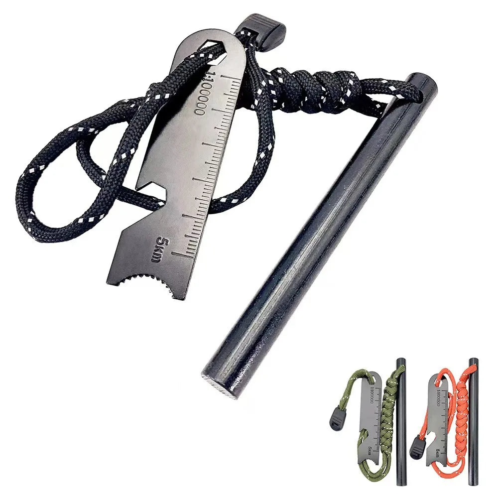 Outdoor Survival Fire Starter Multifunctional Ferrocerium Rod with Paracord & Scraper, Camping Emergency Flint Fire Steel