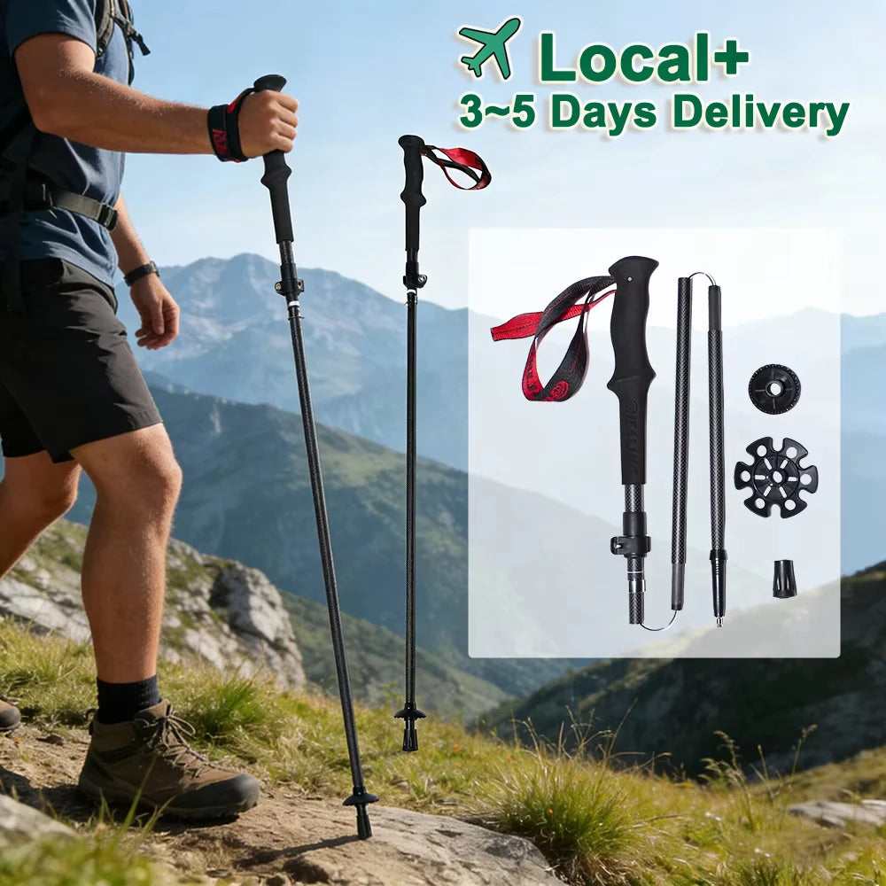 Local+ 100% Carbon Fiber Trekking Poles Folding Outdoor Telescopic Walking Hiking Accessories Nordic Mountain Climbing Stick