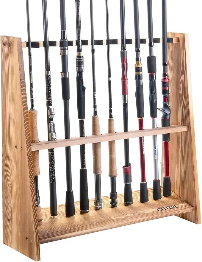 Pine Wood Fishing Rod Holder 10 Capacity Easy To Assemble Removable Fishing Pole Storage Organizer Display Stand