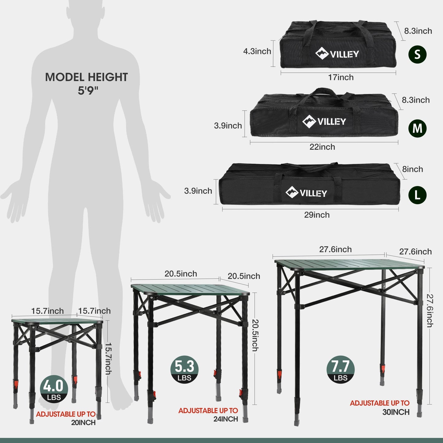 Folding Camping Square Table with Carry Bag, Lightweight Aluminum Adjustable Square Table for Outdoor, Camping, Picnic