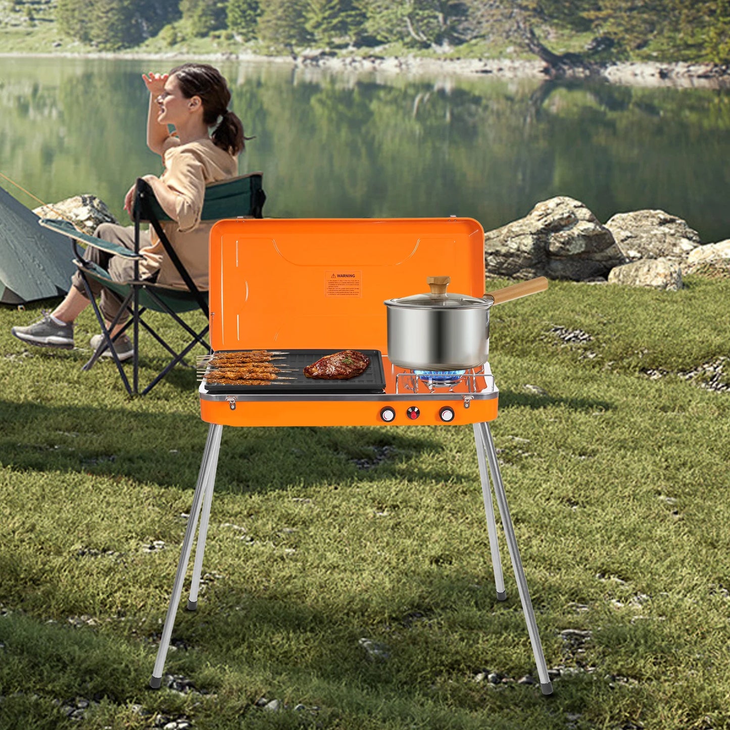 Dual-Burner Camping Stove, Portable Gas Grill Cooker, 5860 BTU x 2 with Grill Pan & Adjustable Legs for Outdoor Cooking