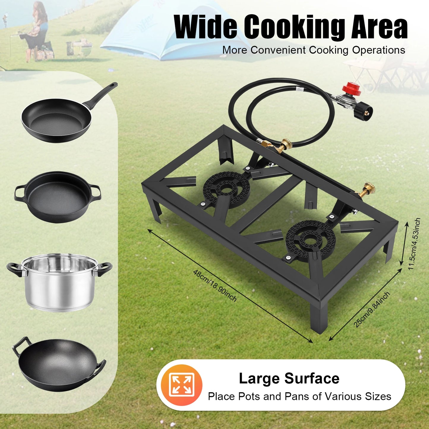 Portable Camping Gas Stove Outdoor Double Burner with Adjustable 0-10Psi Regulator Hose