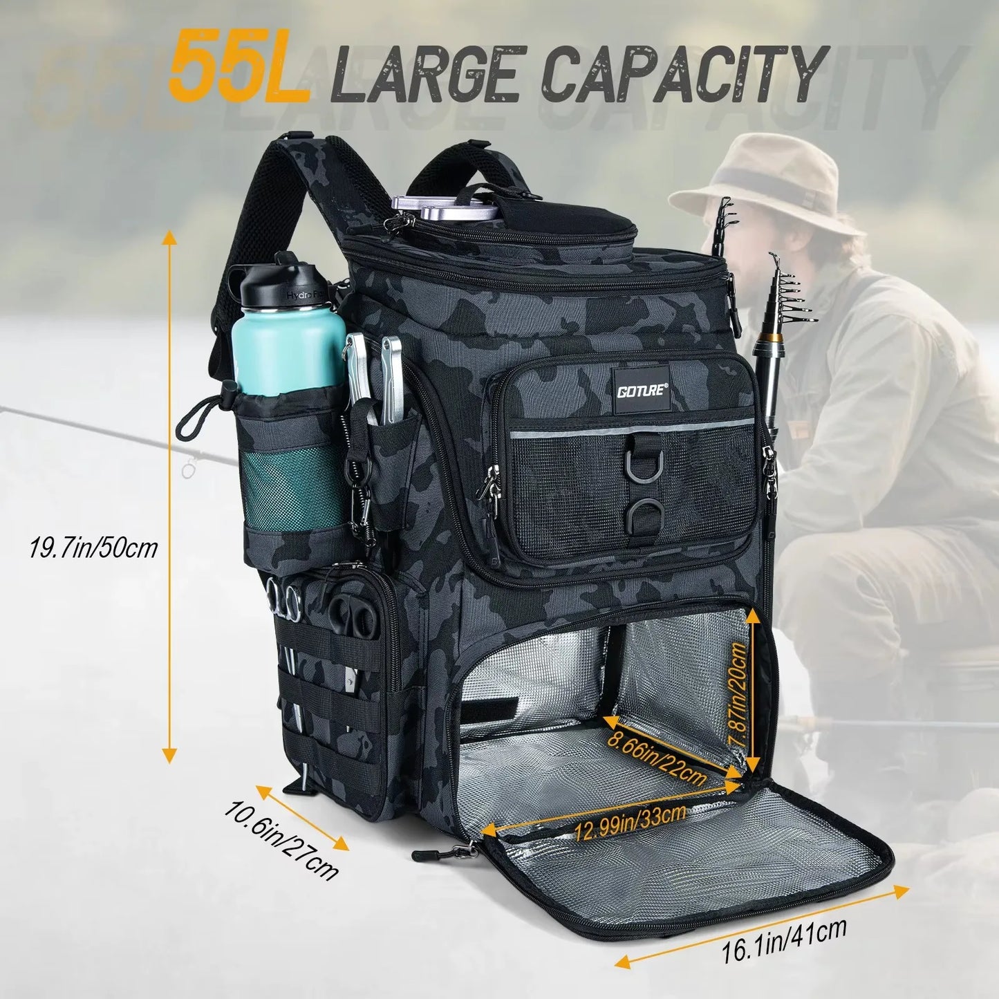 55L Large Fishing Backpack, Waterproof Non-Slip Bottom, Adjustable Compartment Rod Holders for Professional Anglers