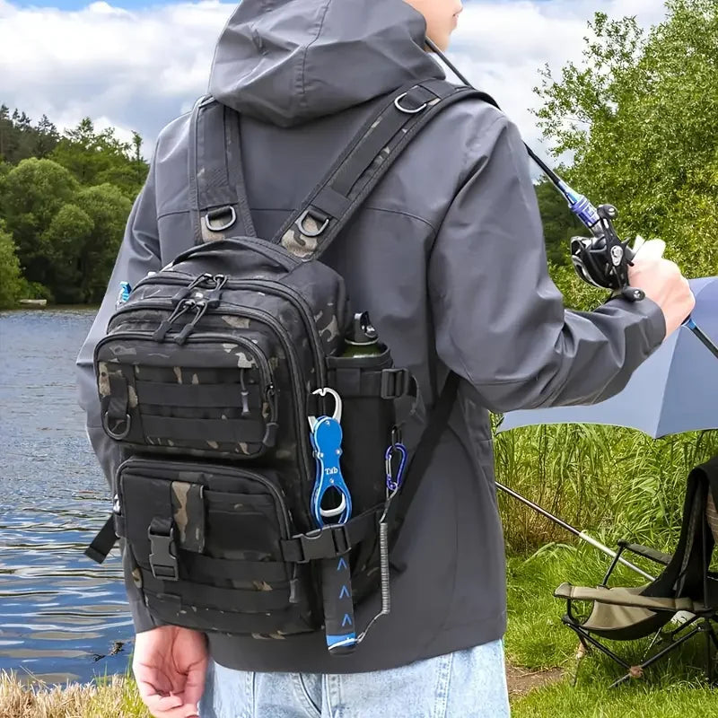 1000D Nylon Waterproof Fishing Backpack Fishing Tackle Storage Bag Double Shoulder Sling Bag for Outdoor Fishing Hunting Hiking