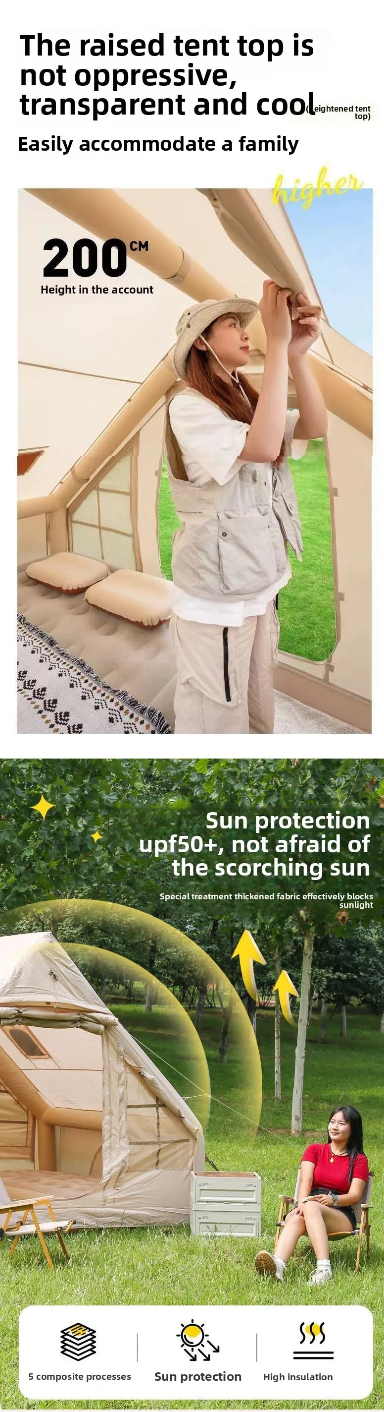 Inflatable tent camping for 1-6 people, hand pump with skylight and chimney waterproof oxford cloth all