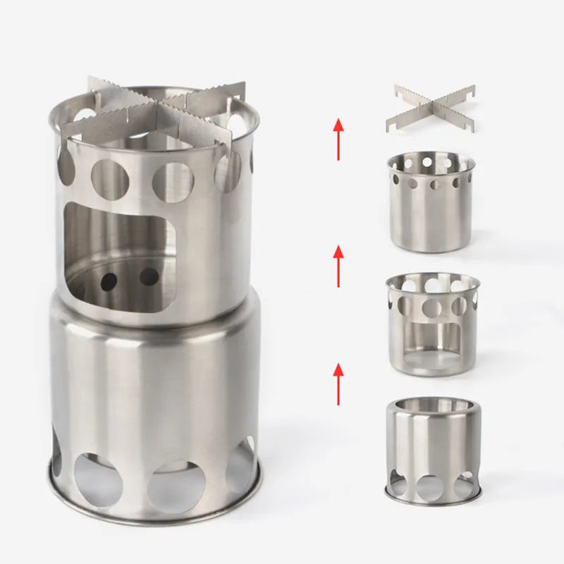 Portable Outdoor 304 Stainless Steel Wood-burning Stove Set Camping Folding Windproof Stove Heating Stove Barbecue Set