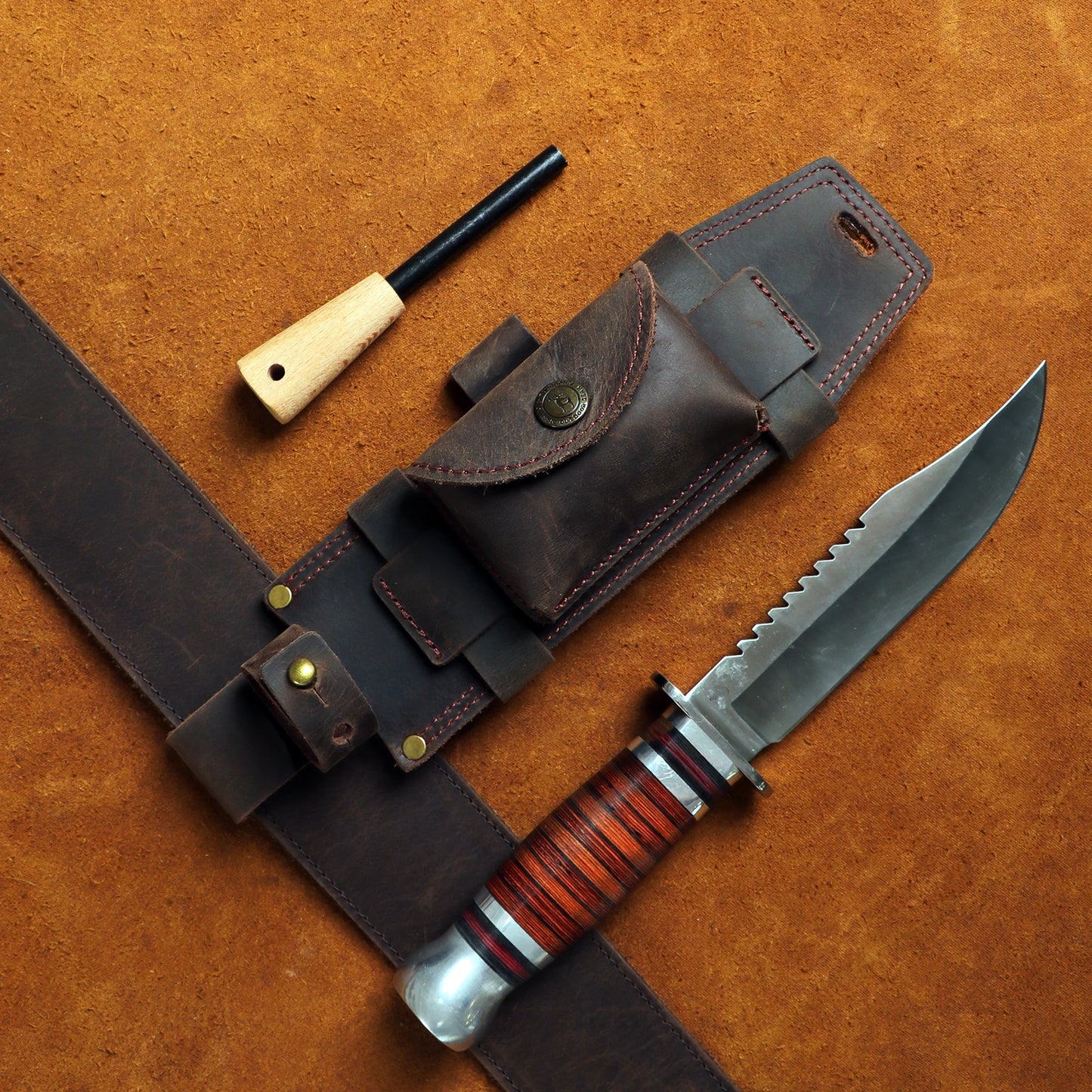 Tourbon Leather Multipurpose Fixed Blade Knife Sheath Cover with Fire Starter Slot a Small Pocket for Belt (without knives)