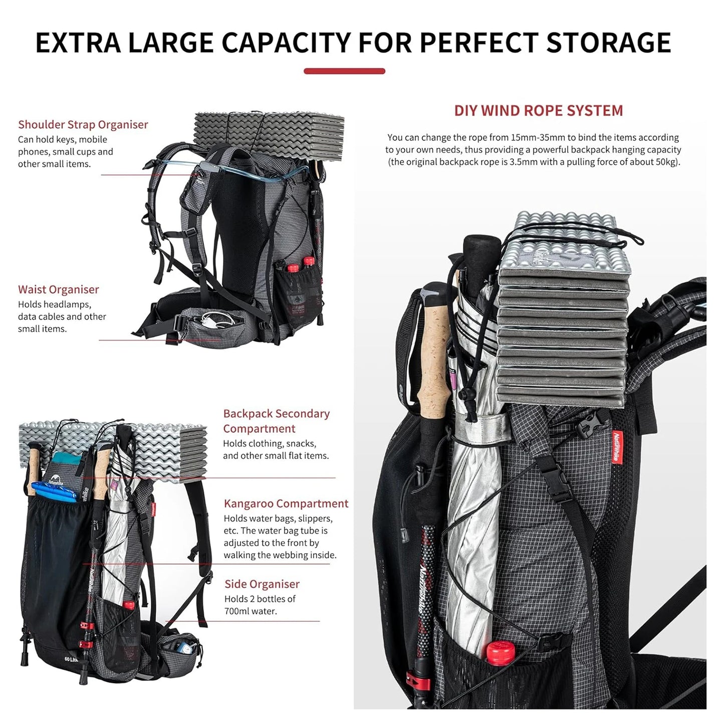 Outdoor Mountain Backpack 60+5L Waterproof High Capacity Sports Climbing Hiking Travel Bag With Rain Cover