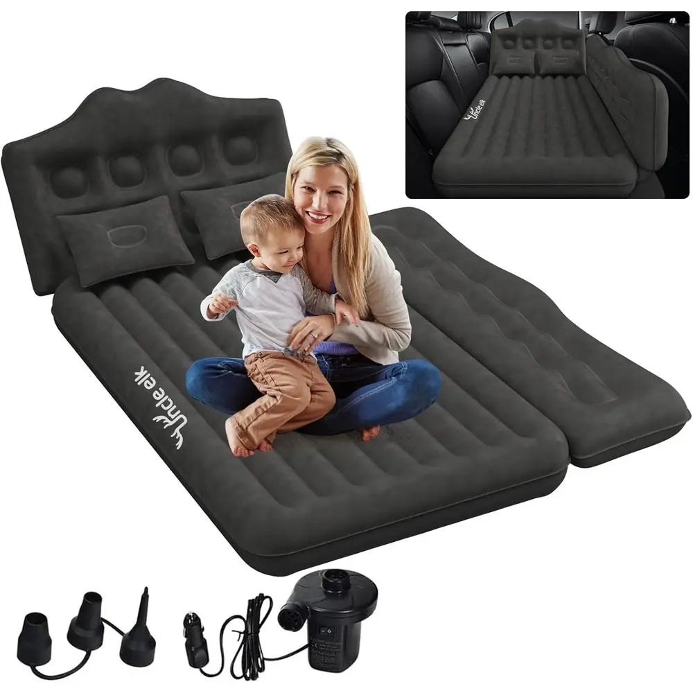 Inflatable Back Seat Air Mattress, Thickened Camping Sleeping Pads with 2 Pillows & Air Pumps, Suitable for Sedan/Truck/SUV, Bla