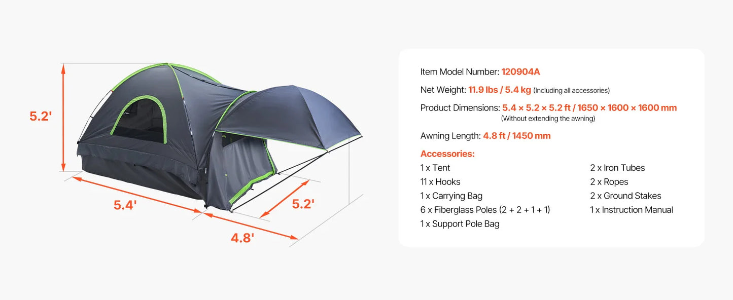 Pickup Truck Tent for Camping Waterproof PU2000 2-3 Person Truck Bed with Expandable Awning