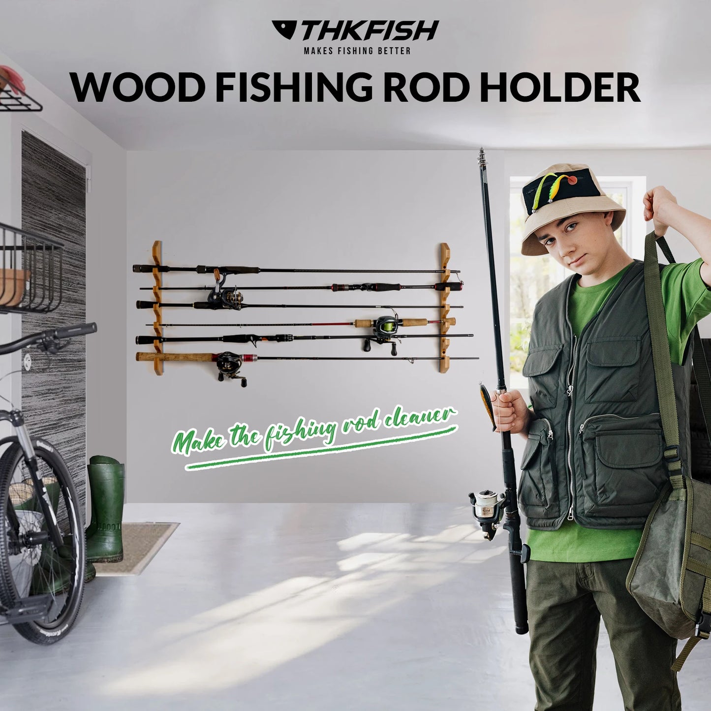 1 pair Wood Fishing Rod Holder 6 Holes Rods Wall Storage Bracket Horizontal Fishing Pole Display Rack Tool