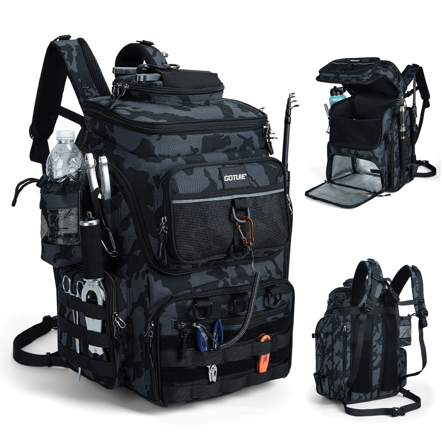 55L Large Fishing Backpack, Waterproof Non-Slip Bottom, Adjustable Compartment Rod Holders for Professional Anglers