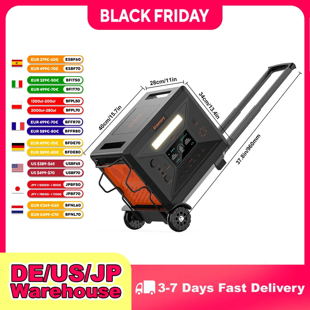 Portable Power Station 2500W/2304Wh Large Capacity Solar Generator with Cart Fast Charging Emergency Power for Backup