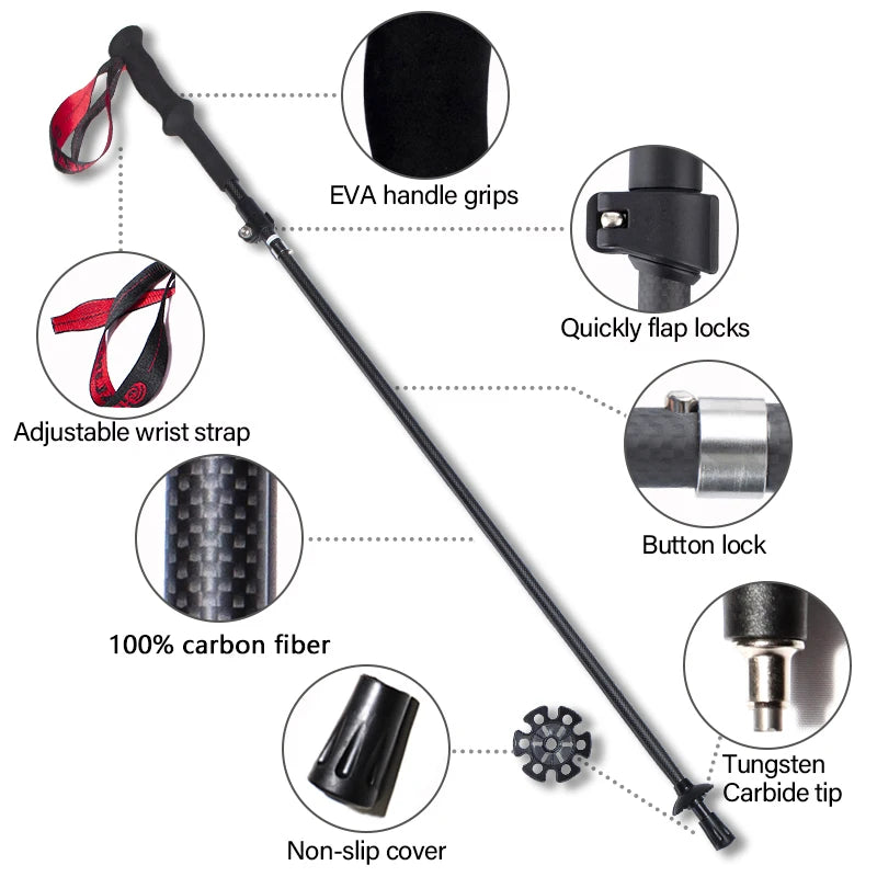 Local+ 100% Carbon Fiber Trekking Poles Folding Outdoor Telescopic Walking Hiking Accessories Nordic Mountain Climbing Stick