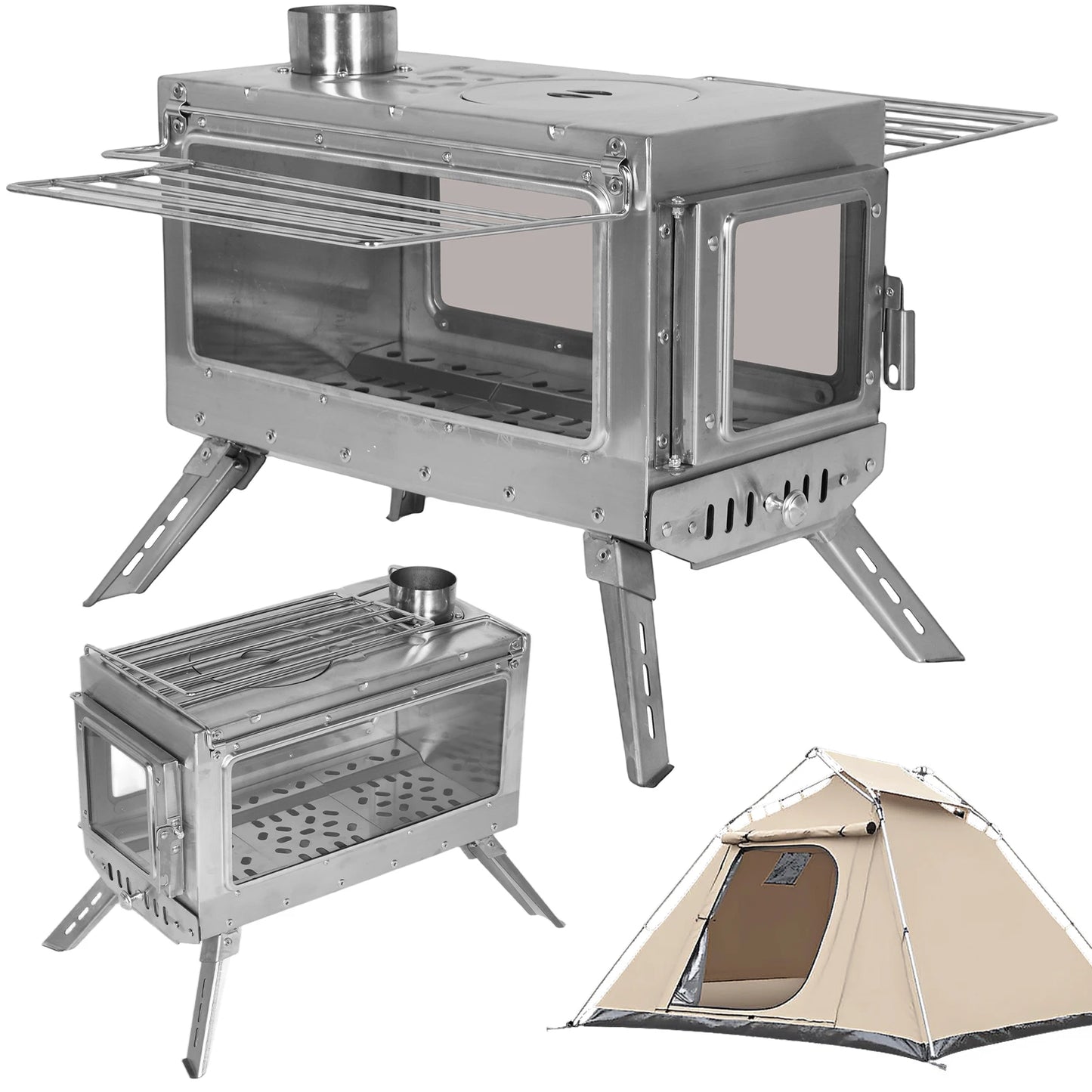 Large Tent Wood Stove with Full Chimney Pipe Set 304 Stainless Steel Fire Viewing Stove for Camping Tents Shelters Outdoor Heat
