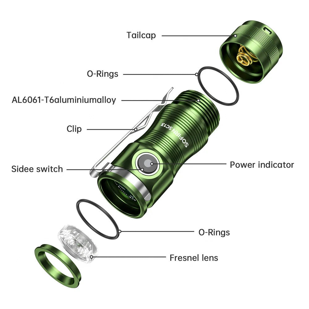 SC13 Black Green SST40 LED 1300lm Mini Tactical 18350 Flashlight 6000K Keychain Emergency Torch