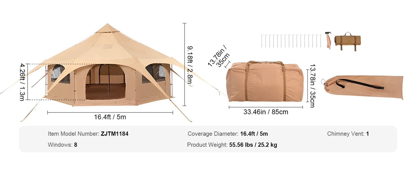 Canvas Bell Tent 4 Seasons 5m Yurt Tent Canvas Tent for Camping with Stove Breathable Tent Holds up to 8 People