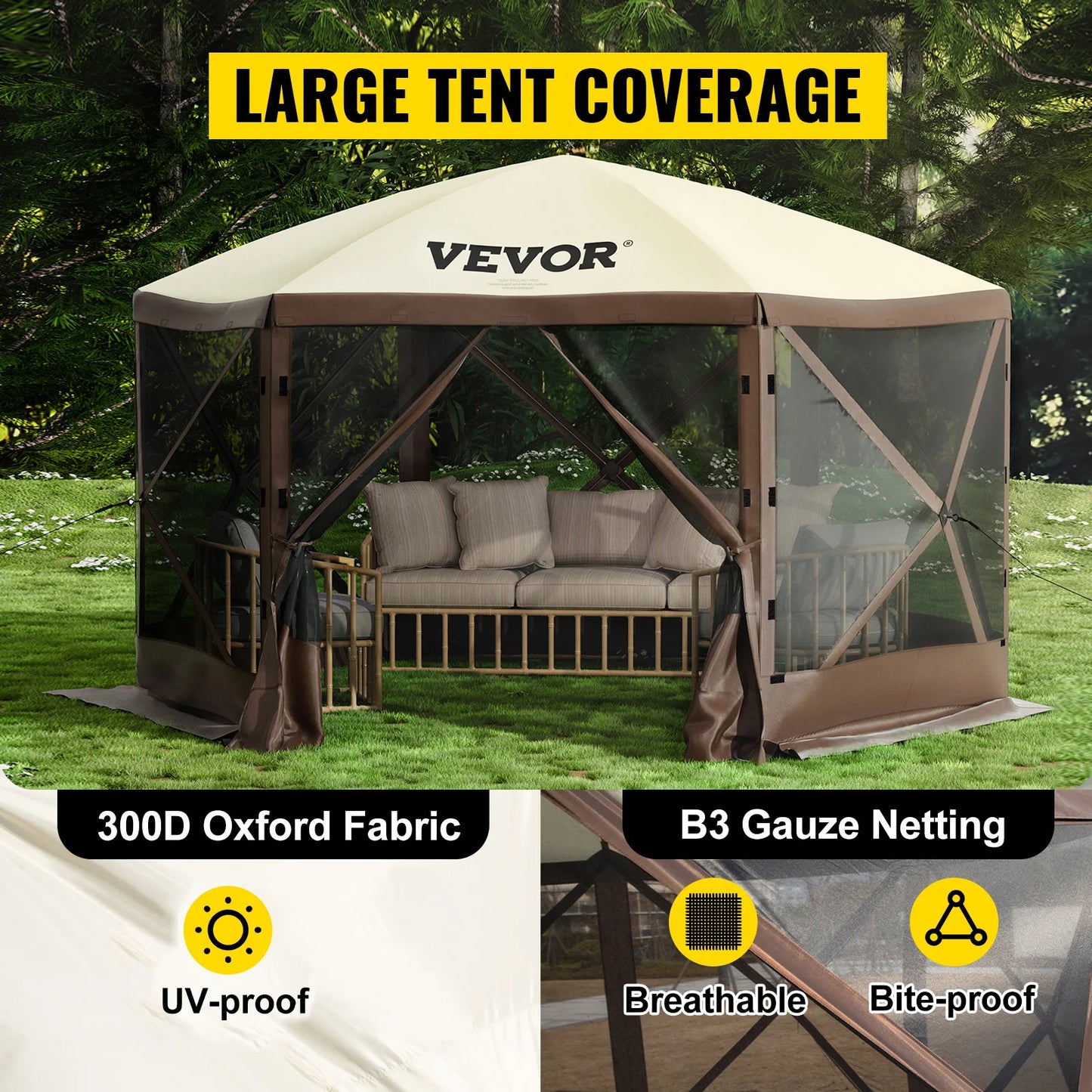 Pop-up Camping Gazebo Camping Canopy Shelter 6 Sided 12' x 12' / 10' x 10' Sun Shade Tents & Canopies Camping & Hiking