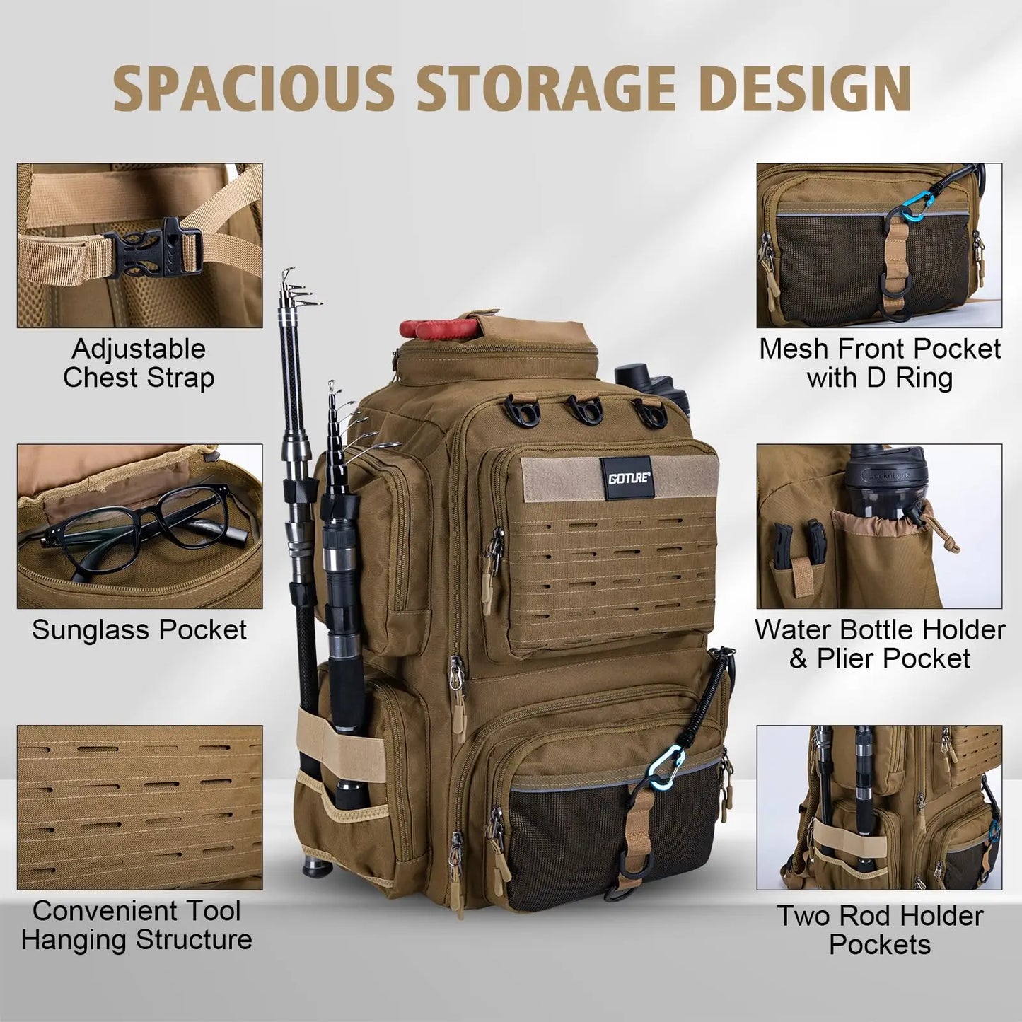 Goture 46X30X17CM 900D Oxford cloth waterproof Fishing Backpack 45L Large Capacity Fishing Gear Storage Backpack Fishing Bag