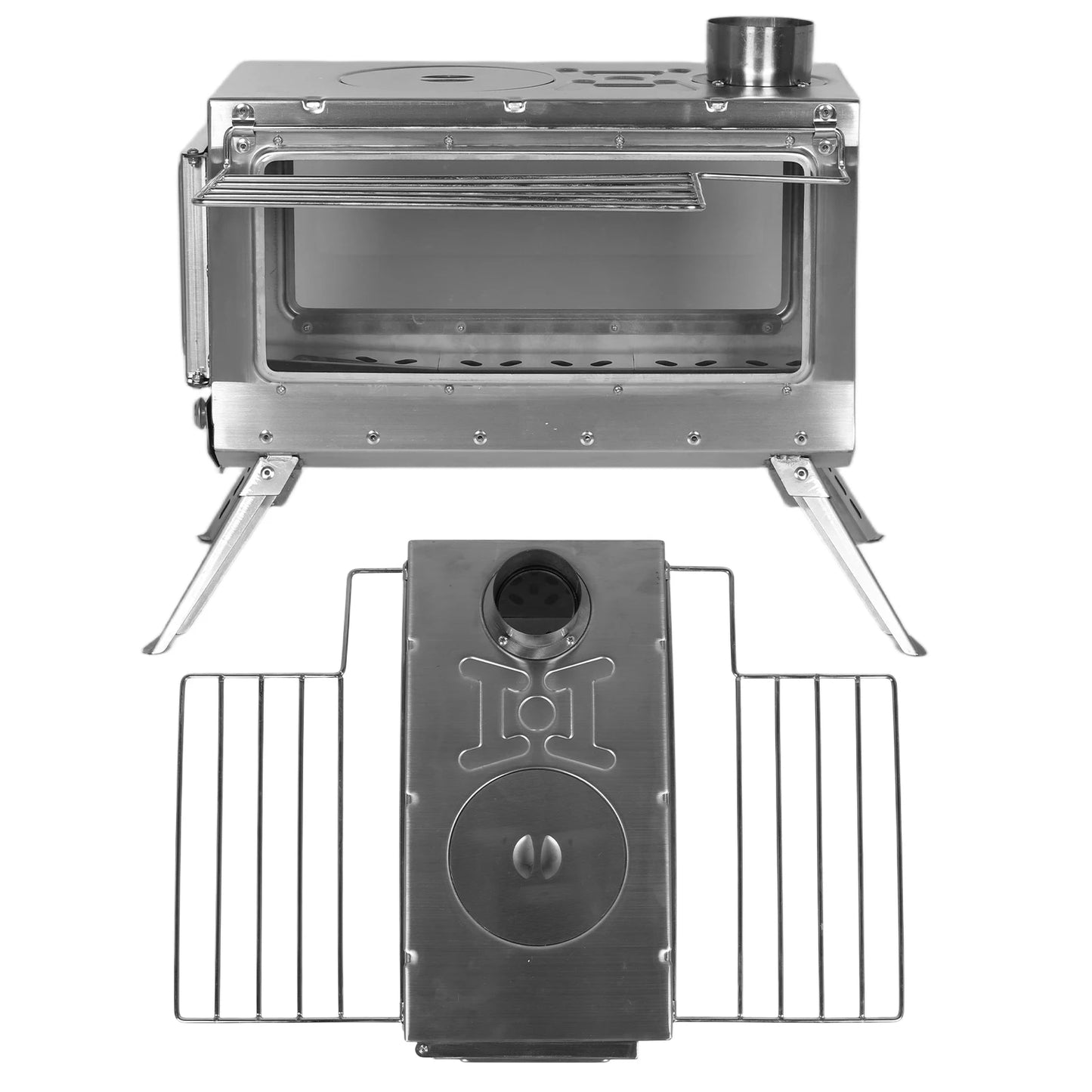 Large Tent Wood Stove with Full Chimney Pipe Set 304 Stainless Steel Fire Viewing Stove for Camping Tents Shelters Outdoor Heat