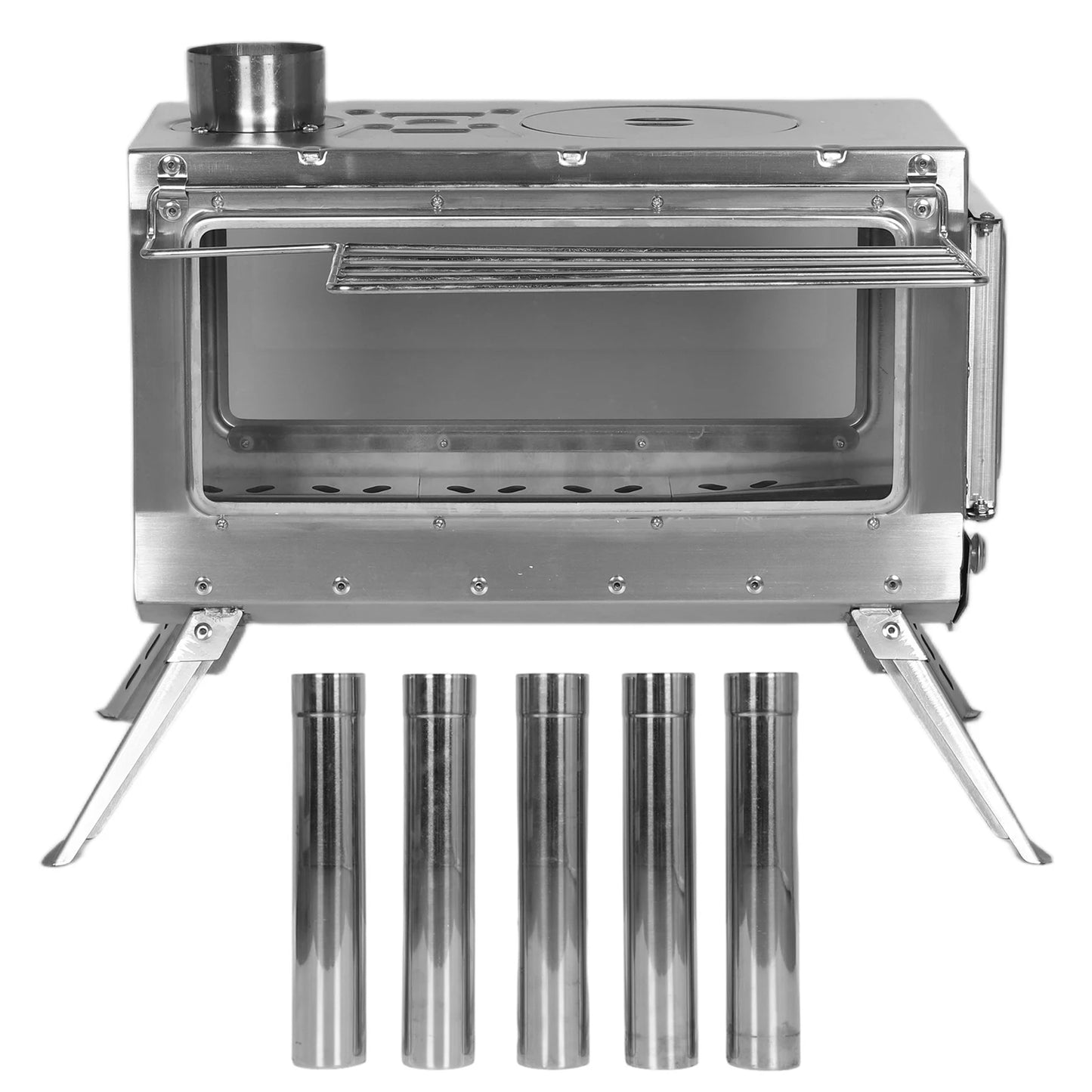 Large Tent Wood Stove with Full Chimney Pipe Set 304 Stainless Steel Fire Viewing Stove for Camping Tents Shelters Outdoor Heat