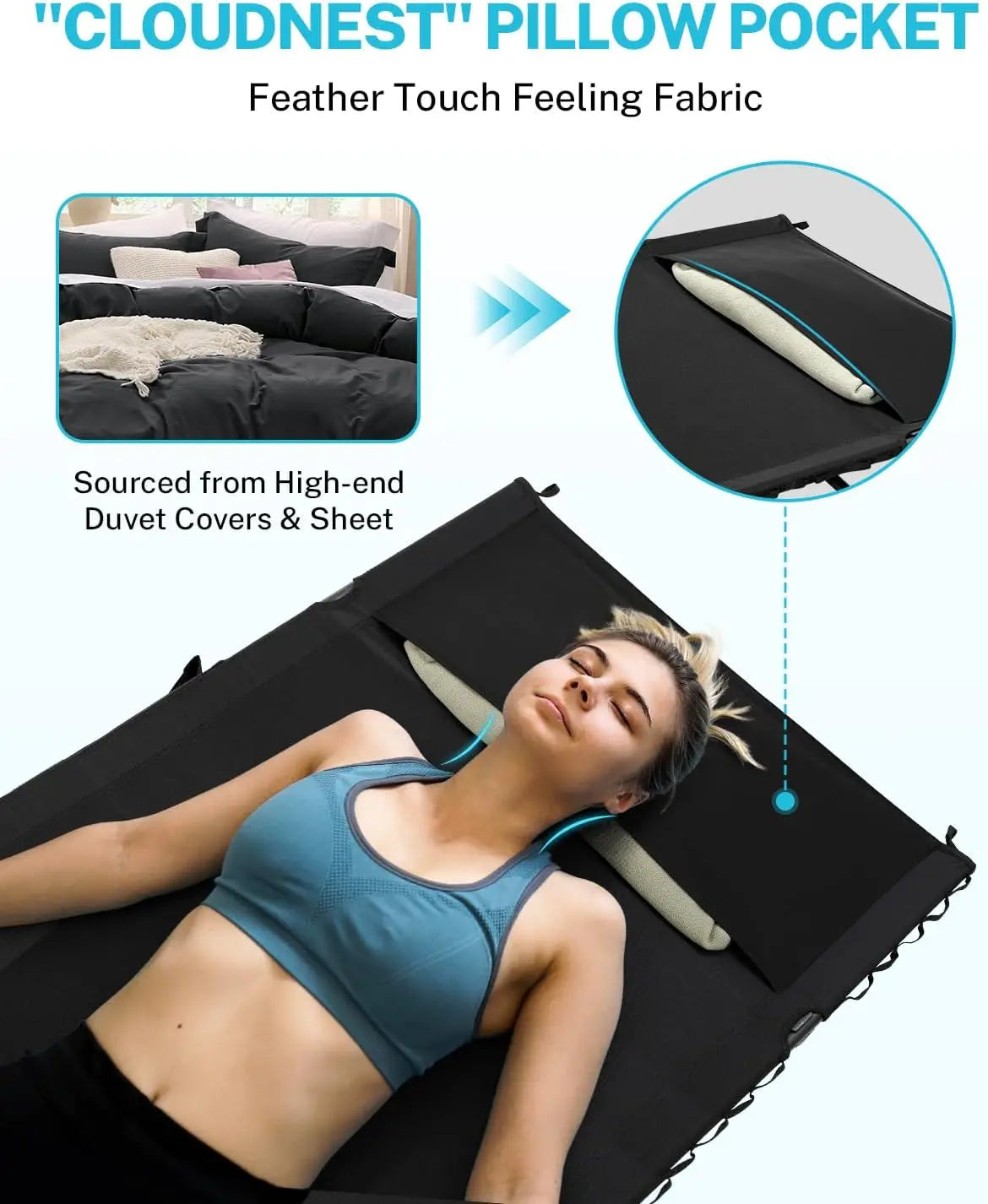 31.5' Extra Wide Camping Cot with Premium Pillow Pocket Supports 350lbs, Portable Ultralight Folding