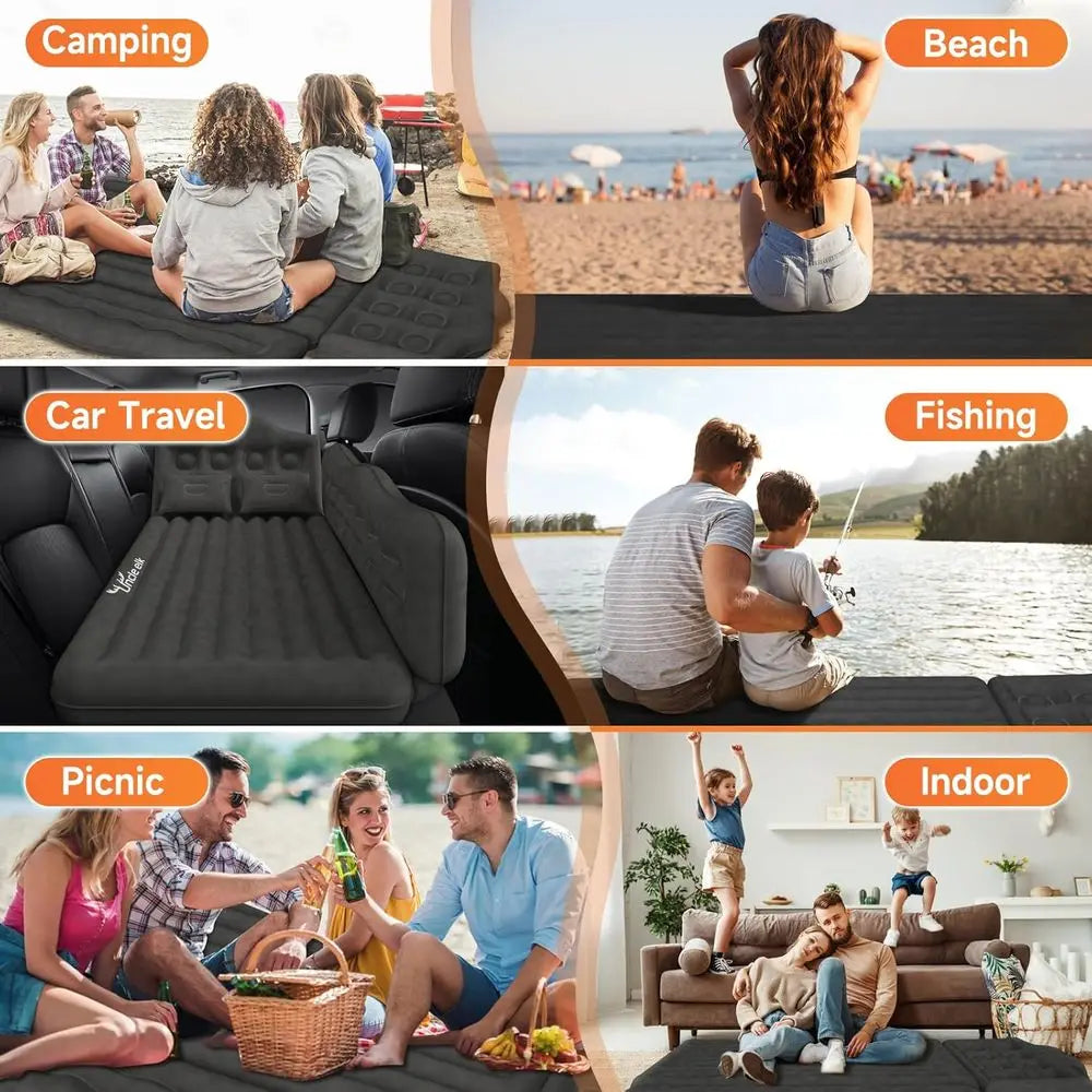 Inflatable Back Seat Air Mattress, Thickened Camping Sleeping Pads with 2 Pillows & Air Pumps, Suitable for Sedan/Truck/SUV, Bla