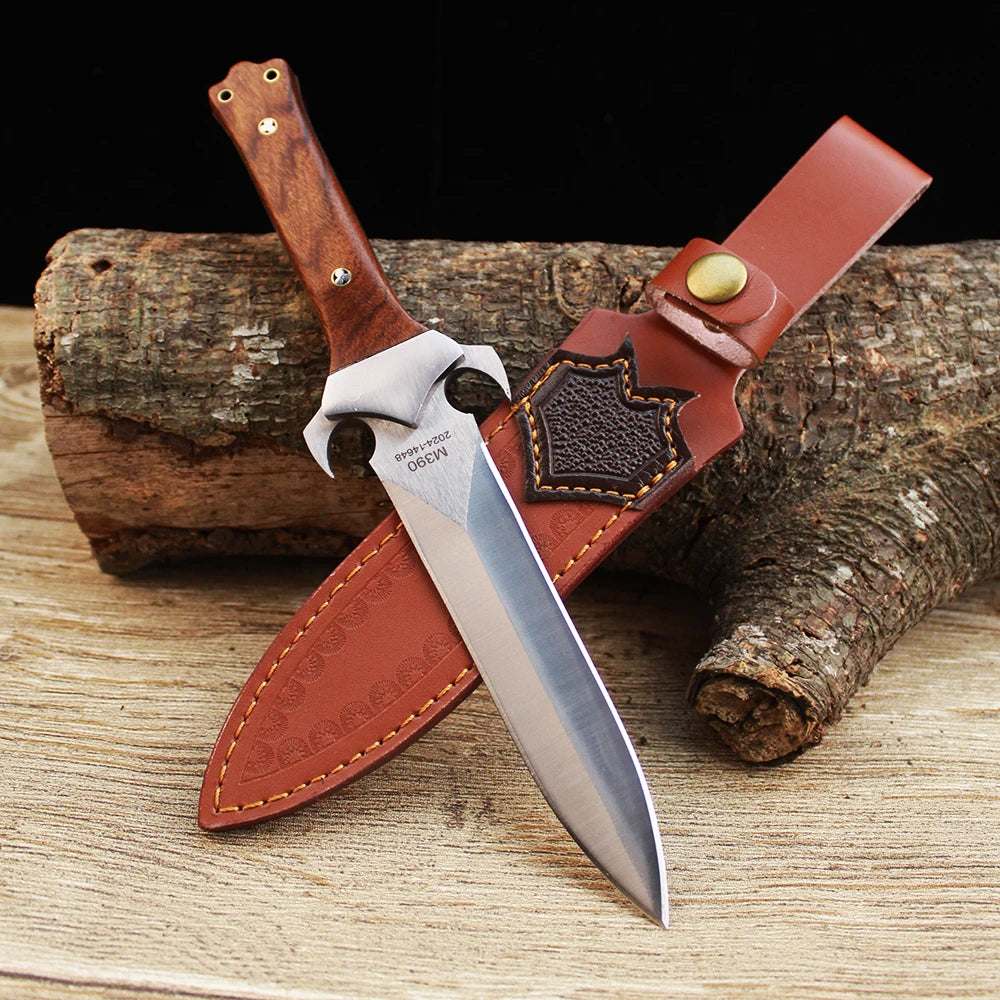 M390 Blade Tactical Hunting Knife Camping Survival Tool EDC Self Defense Combat Knife Leather Sheath