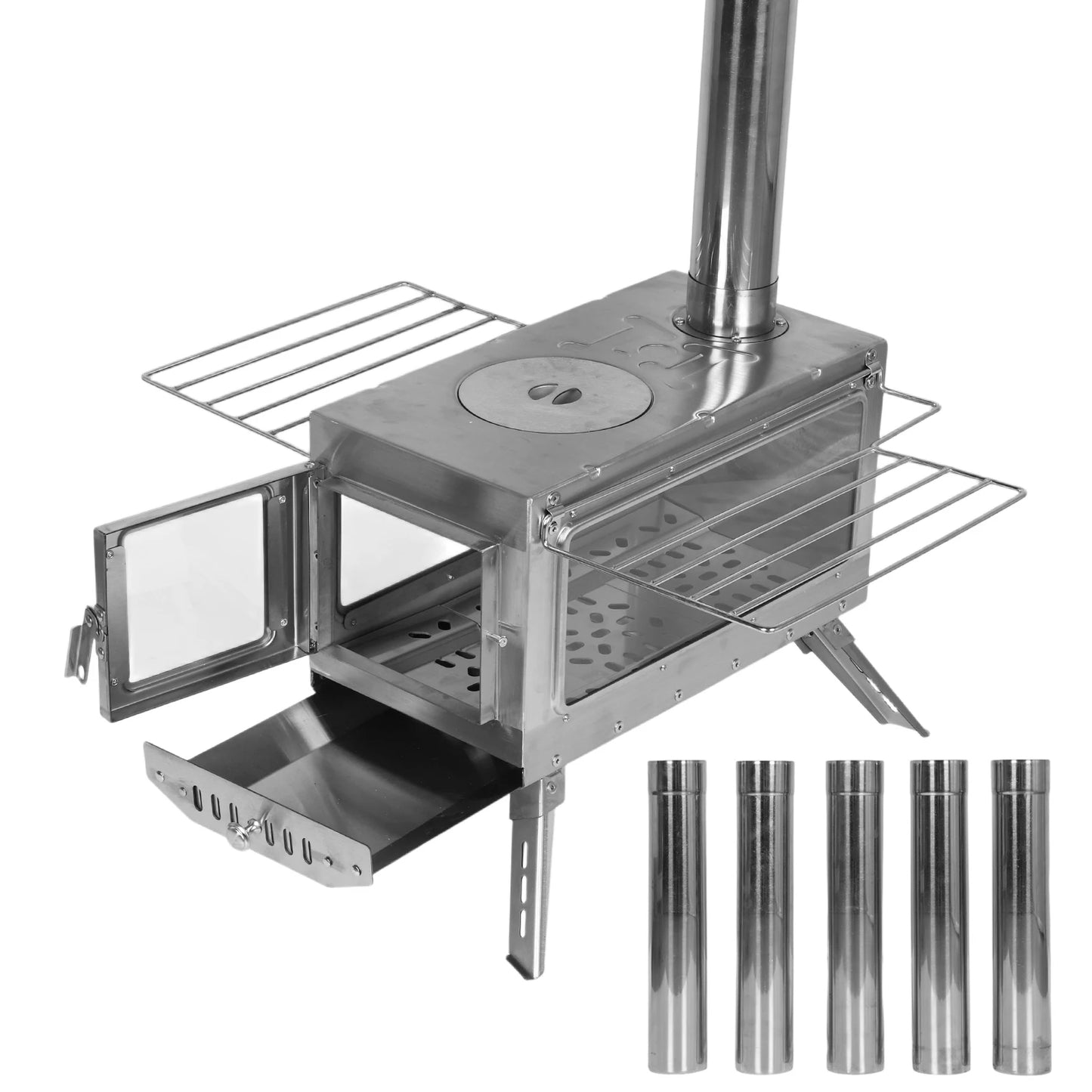 Large Tent Wood Stove with Full Chimney Pipe Set 304 Stainless Steel Fire Viewing Stove for Camping Tents Shelters Outdoor Heat