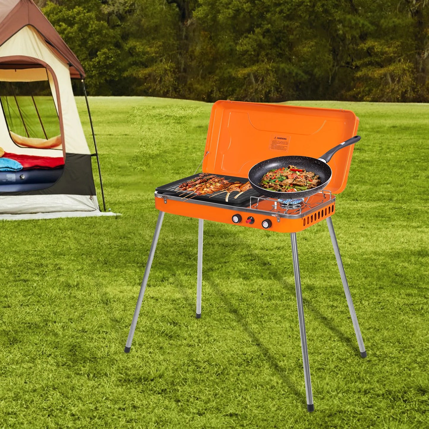 Dual-Burner Camping Stove, Portable Gas Grill Cooker, 5860 BTU x 2 with Grill Pan & Adjustable Legs for Outdoor Cooking