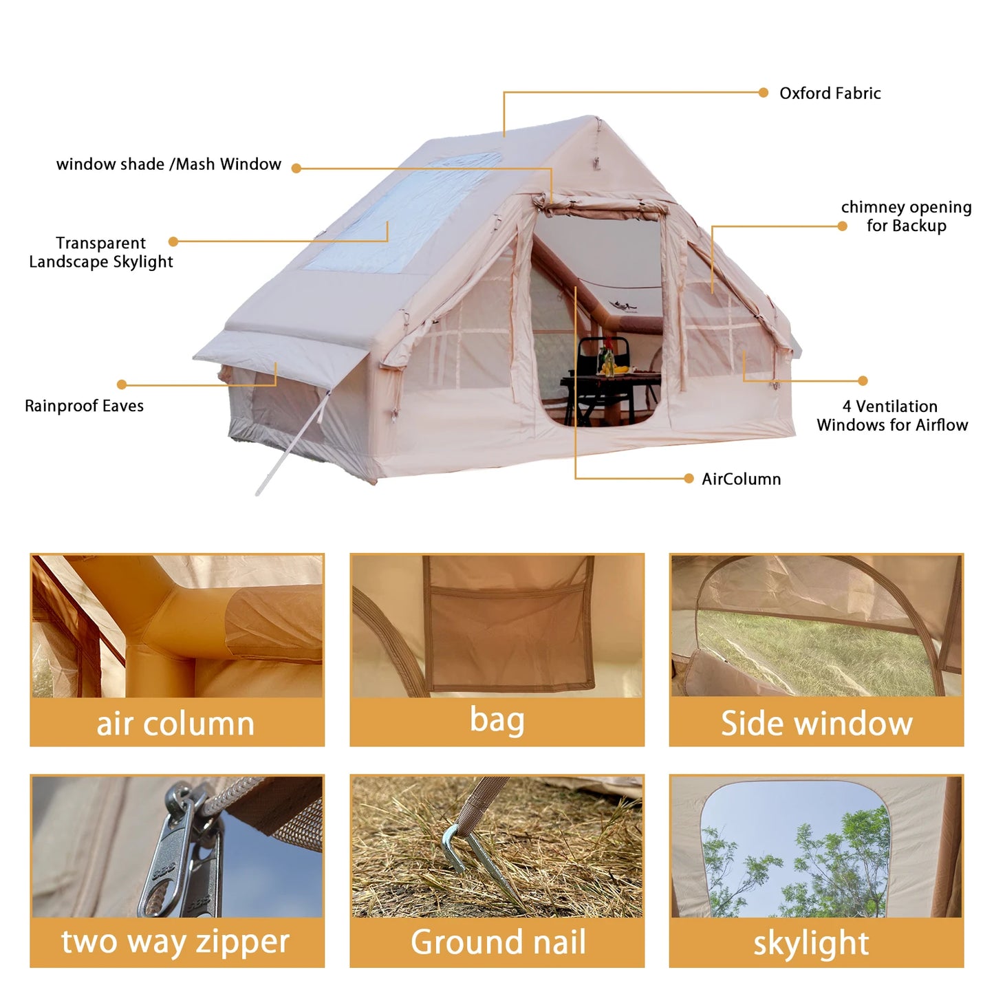 Inflatable Tent With Skylight, Quick Setup Blow Up Tents With Pump, 4-6 PersonOutdoor Family Luxury Tent
