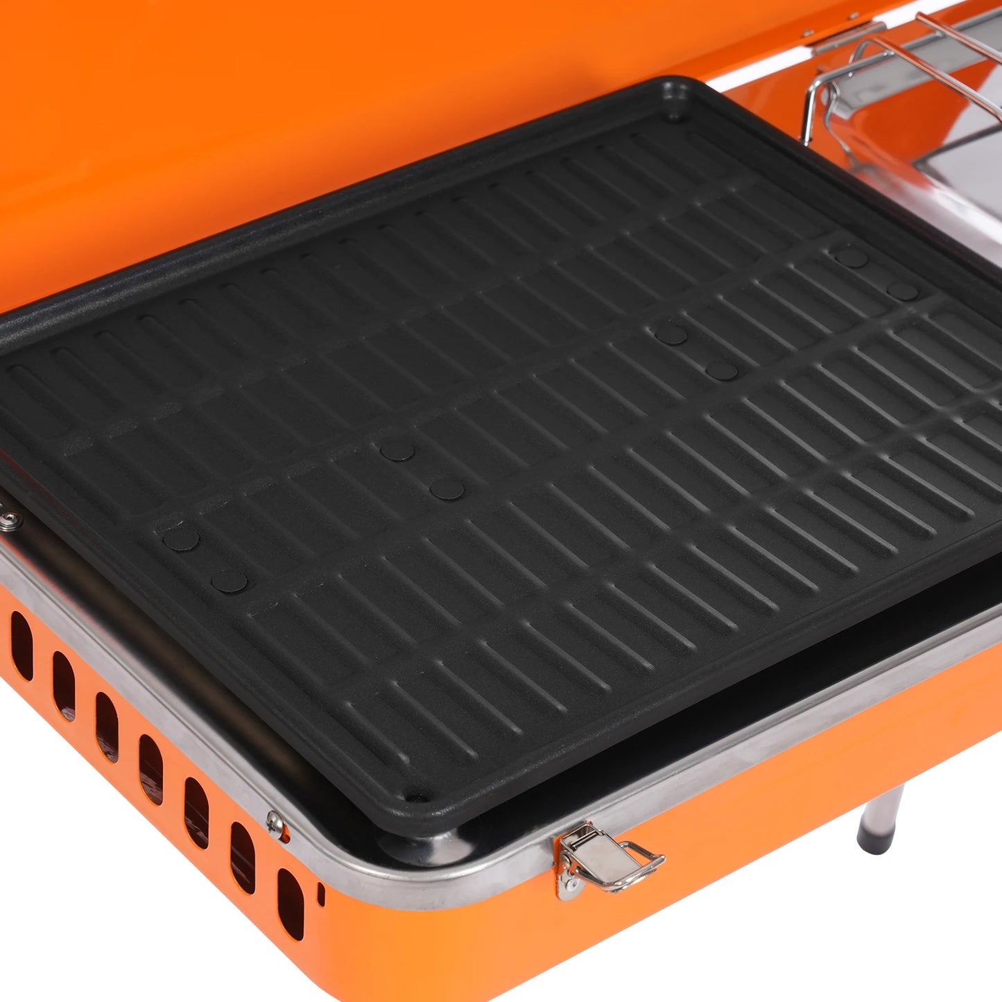 Dual-Burner Camping Stove, Portable Gas Grill Cooker, 5860 BTU x 2 with Grill Pan & Adjustable Legs for Outdoor Cooking