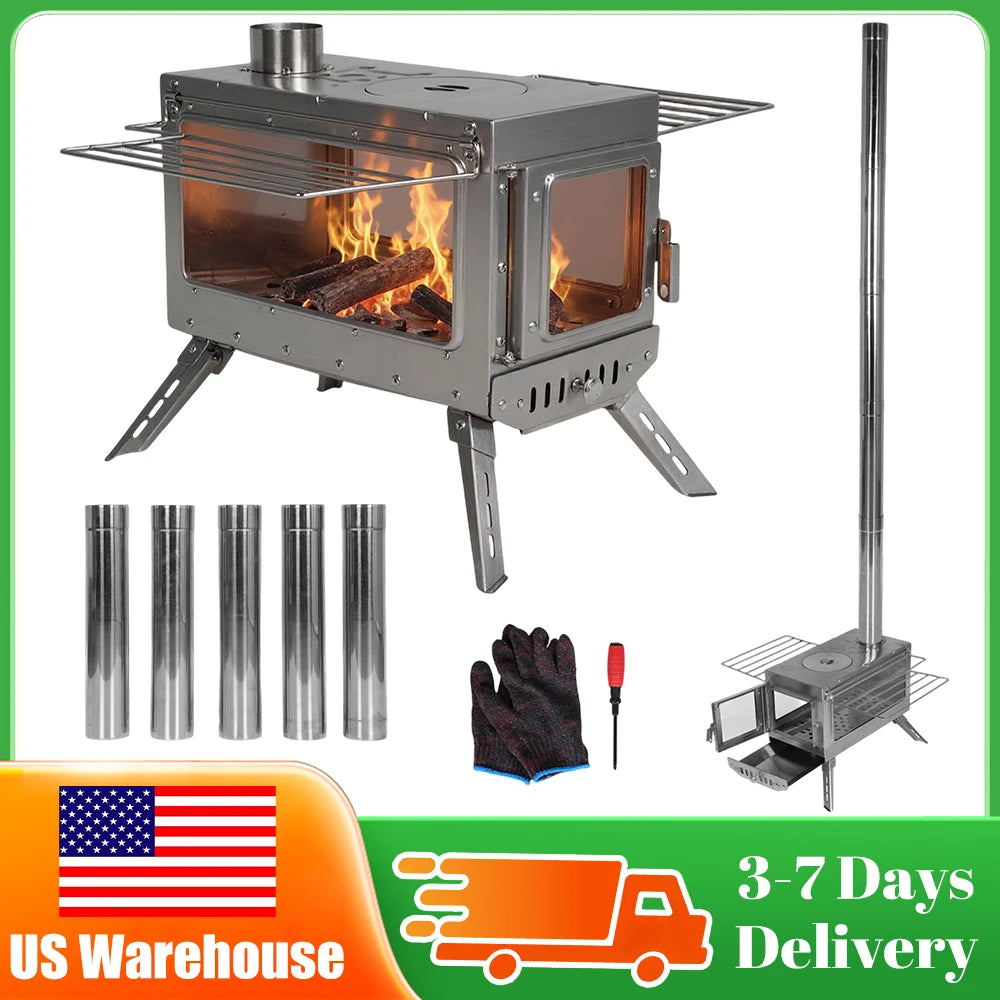 Large Tent Wood Stove with Full Chimney Pipe Set 304 Stainless Steel Fire Viewing Stove for Camping Tents Shelters Outdoor Heat
