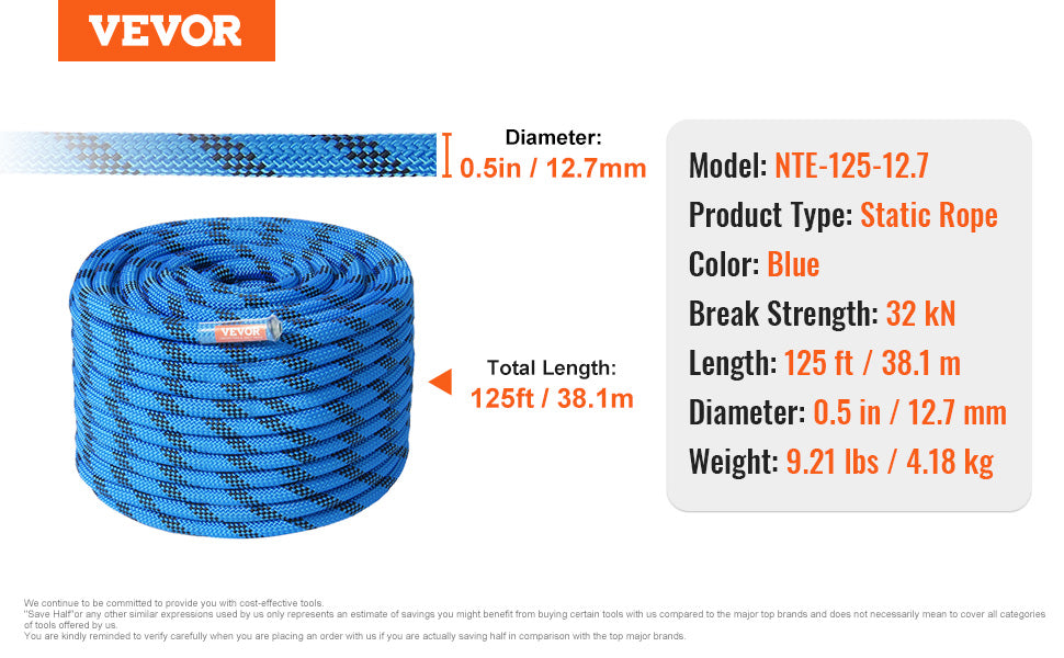 12.7mm Static Climbing Rope 150/200ft Outdoor Rock Climbing Rope 30KN Breaking Tension Fiber Rope w/ Steel Snap Hooks
