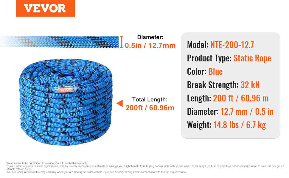 12.7mm Static Climbing Rope 150/200ft Outdoor Rock Climbing Rope 30KN Breaking Tension Fiber Rope w/ Steel Snap Hooks
