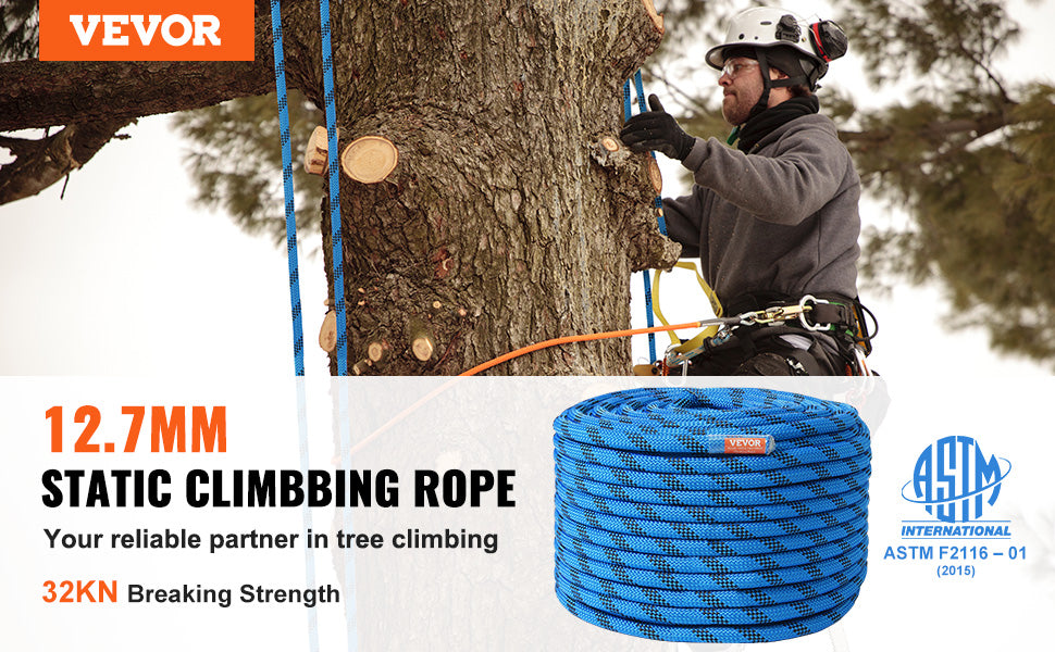 12.7mm Static Climbing Rope 150/200ft Outdoor Rock Climbing Rope 30KN Breaking Tension Fiber Rope w/ Steel Snap Hooks
