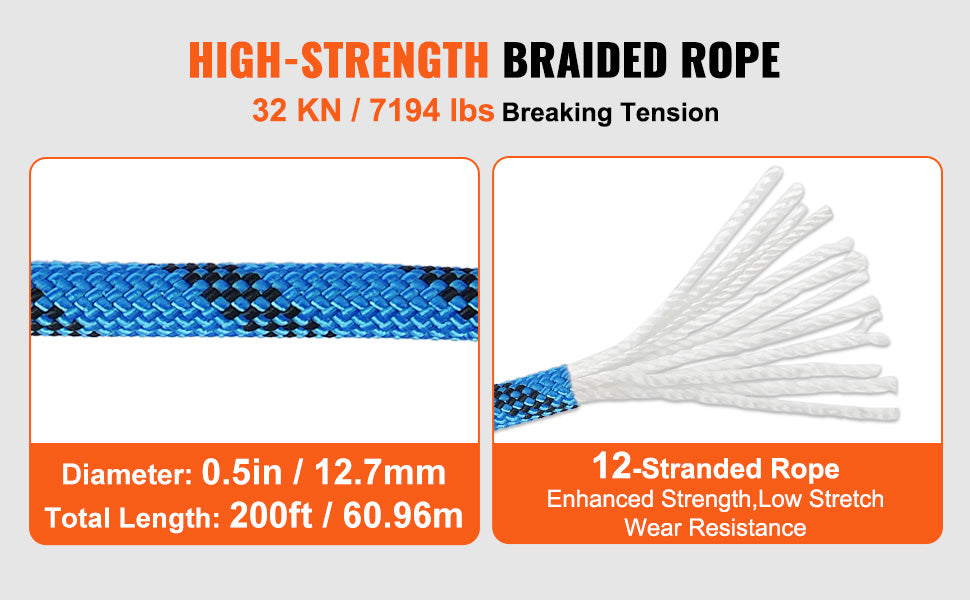 12.7mm Static Climbing Rope 150/200ft Outdoor Rock Climbing Rope 30KN Breaking Tension Fiber Rope w/ Steel Snap Hooks