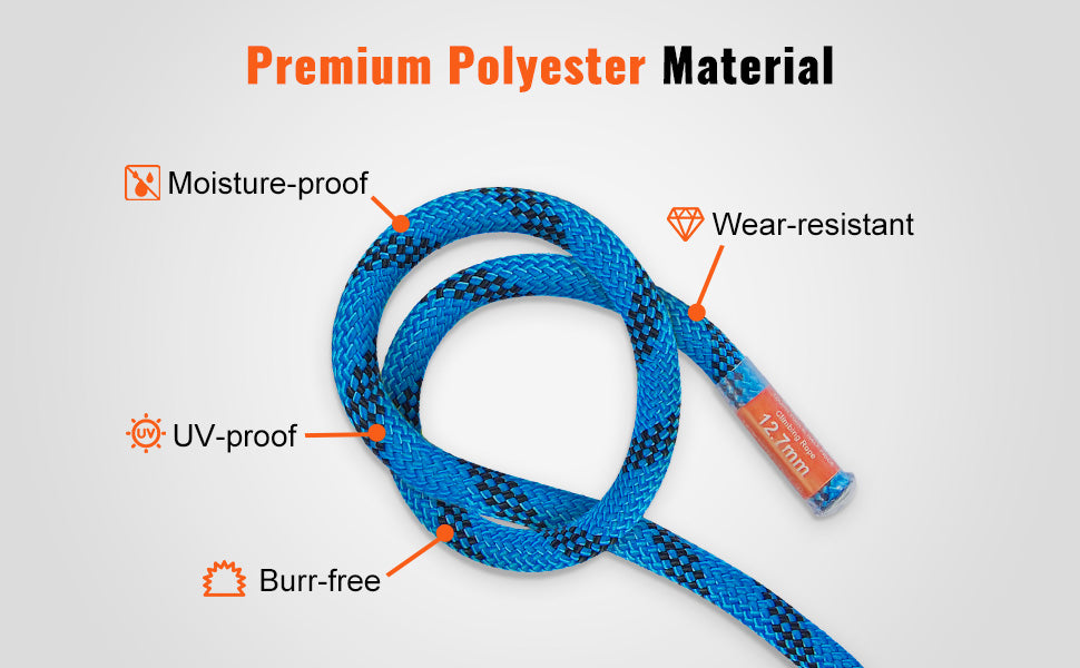 12.7mm Static Climbing Rope 150/200ft Outdoor Rock Climbing Rope 30KN Breaking Tension Fiber Rope w/ Steel Snap Hooks