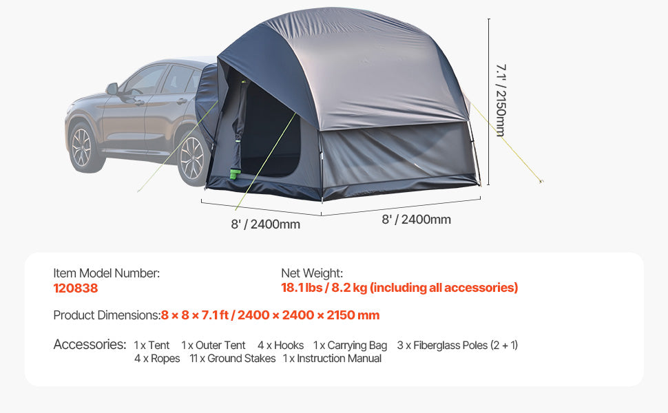 SUV Tent for Camping Waterproof PU2000mm Spacious Double Layer Design SUV Camping Tent with Shade Awning , Mesh Windows